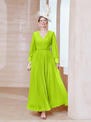 Robe de A-ligne en Mousseline avec Manches Longues à col en V Vert Citron Grande Taille