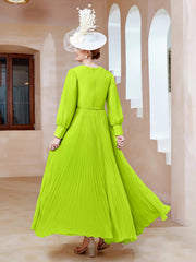 Robe de A-ligne en Mousseline avec Manches Longues à col en V Vert Citron
