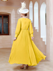 Robe de A-ligne en Mousseline avec Manches Longues à col en V Souci Grande Taille