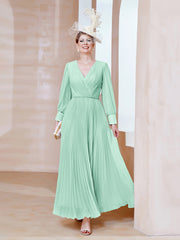 Robe de A-ligne en Mousseline avec Manches Longues à col en V Vert Menthe Grande Taille