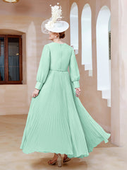 Robe de A-ligne en Mousseline avec Manches Longues à col en V Vert Menthe Grande Taille