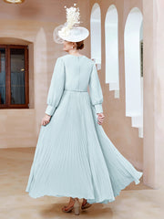 Robe de A-ligne en Mousseline avec Manches Longues à col en V Brume Grande Taille