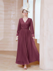 Robe de A-ligne en Mousseline avec Manches Longues à col en V Mûre Grande Taille