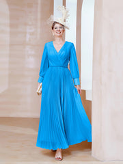 Robe de A-ligne en Mousseline avec Manches Longues à col en V Bleu Océan Grande Taille