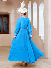 Robe de A-ligne en Mousseline avec Manches Longues à col en V Bleu Océan