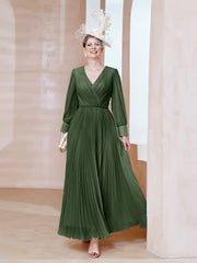 Robe de A-ligne en Mousseline avec Manches Longues à col en V Olive Verte Grande Taille