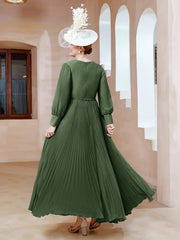 Robe de A-ligne en Mousseline avec Manches Longues à col en V Olive Verte Grande Taille
