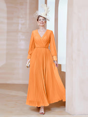 Robe de A-ligne en Mousseline avec Manches Longues à col en V Orange Grande Taille