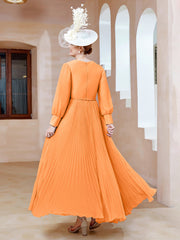 Robe de A-ligne en Mousseline avec Manches Longues à col en V Orange