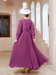Robe de A-ligne en Mousseline avec Manches Longues à col en V Orchidee