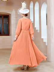 Robe de A-ligne en Mousseline avec Manches Longues à col en V Papaye