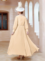 Robe de A-ligne en Mousseline avec Manches Longues à col en V Pêche