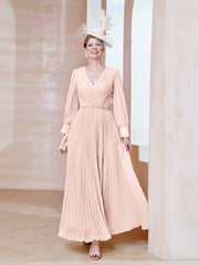 Robe de A-ligne en Mousseline avec Manches Longues à col en V Rose Perle Grande Taille