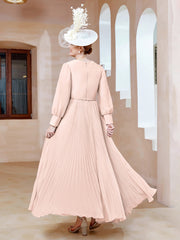 Robe de A-ligne en Mousseline avec Manches Longues à col en V Rose Perle