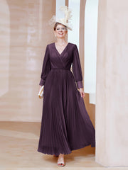 Robe de A-ligne en Mousseline avec Manches Longues à col en V Plum