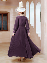 Robe de A-ligne en Mousseline avec Manches Longues à col en V Plum Grande Taille