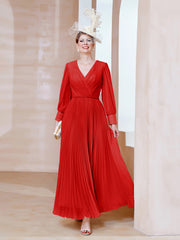 Robe de A-ligne en Mousseline avec Manches Longues à col en V Rouge Grande Taille