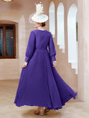 Robe de A-ligne en Mousseline avec Manches Longues à col en V Régence