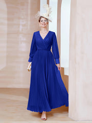 Robe de A-ligne en Mousseline avec Manches Longues à col en V Bleu Royale Grande Taille