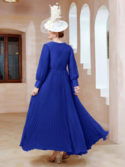 Robe de A-ligne en Mousseline avec Manches Longues à col en V Bleu Royale