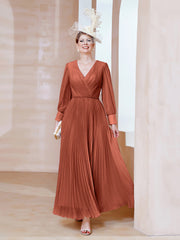 Robe de A-ligne en Mousseline avec Manches Longues à col en V Rouille Grande Taille
