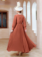 Robe de A-ligne en Mousseline avec Manches Longues à col en V Rouille Grande Taille