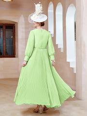 Robe de A-ligne en Mousseline avec Manches Longues à col en V Sauge