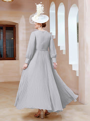 Robe de A-ligne en Mousseline avec Manches Longues à col en V Argent Grande Taille