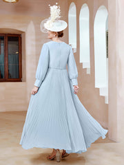 Robe de A-ligne en Mousseline avec Manches Longues à col en V Bleu Ciel