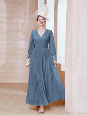 Robe de A-ligne en Mousseline avec Manches Longues à col en V Bleu de Schiste Grande Taille