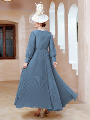 Robe de A-ligne en Mousseline avec Manches Longues à col en V Bleu de Schiste Grande Taille