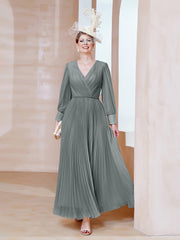 Robe de A-ligne en Mousseline avec Manches Longues à col en V Gris Acier Grande Taille