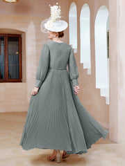 Robe de A-ligne en Mousseline avec Manches Longues à col en V Gris Acier Grande Taille