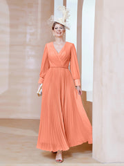 Robe de A-ligne en Mousseline avec Manches Longues à col en V Crépuscule Grande Taille