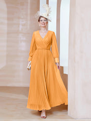 Robe de A-ligne en Mousseline avec Manches Longues à col en V Mandarine