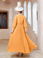 Robe de A-ligne en Mousseline avec Manches Longues à col en V Mandarine Grande Taille