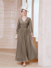 Robe de A-ligne en Mousseline avec Manches Longues à col en V Taupe
