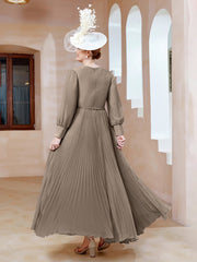 Robe de A-ligne en Mousseline avec Manches Longues à col en V Taupe