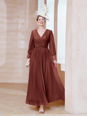 Robe de A-ligne en Mousseline avec Manches Longues à col en V Terracotta Grande Taille