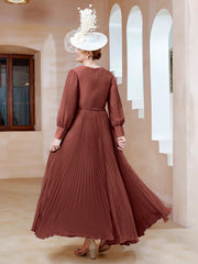 Robe de A-ligne en Mousseline avec Manches Longues à col en V Terracotta Grande Taille