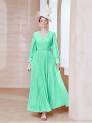Robe de A-ligne en Mousseline avec Manches Longues à col en V Turquoise Grande Taille