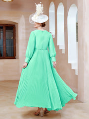Robe de A-ligne en Mousseline avec Manches Longues à col en V Turquoise Grande Taille