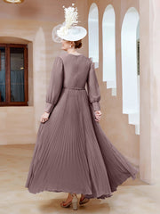 Robe de A-ligne en Mousseline avec Manches Longues à col en V Vintage Mauve