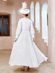 Robe de A-ligne en Mousseline avec Manches Longues à col en V Blanc Grande Taille