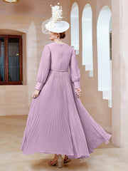Robe de A-ligne en Mousseline avec Manches Longues à col en V Glycine
