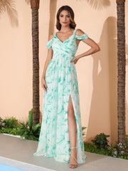 Robe Longue Taille Empire à Hors de l'Épaule avec Fente Marbre Menthe