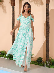 Robe Longue Taille Empire à Hors de l'Épaule avec Fente Marbre Menthe