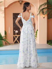 Maxi Robe à Taille Empire Hors de l'Épaule avec Fente Lavande Florale