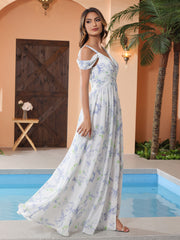 Maxi Robe à Taille Empire Hors de l'Épaule avec Fente Lavande Florale