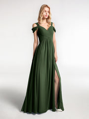 Robe Longue Taille Empire à Hors de l'Épaule avec Fente Olive Verte Grande Taille